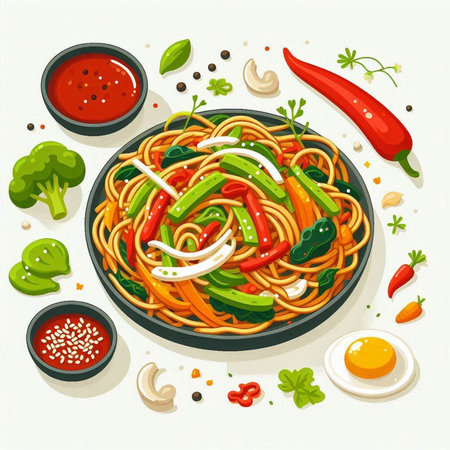 Spaghetti with chili pepper, cucumber, parsley, garlic and tomato sauce. Vector illustration.のイラスト素材