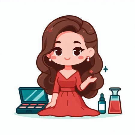 Cartoon woman applying make-up with cosmetics. Vector illustration.のイラスト素材
