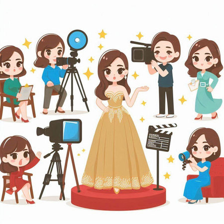 Illustration of a woman in a beautiful dress with a camera setのイラスト素材