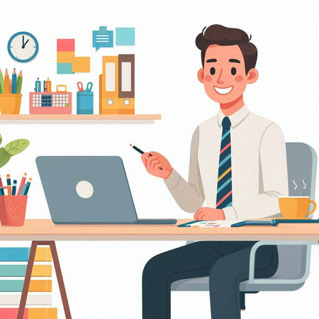 Young businessman working on laptop in office. Vector illustration in cartoon styleのイラスト素材
