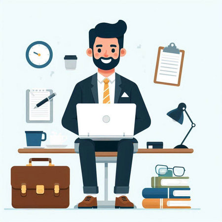 Businessman working with laptop in office. Flat style vector illustration.のイラスト素材