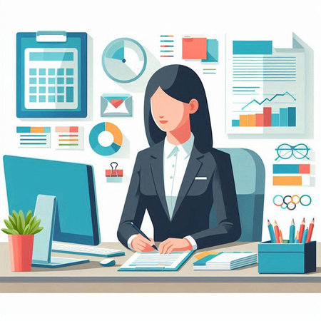 Businesswoman working at her desk in office. Vector illustration in flat styleのイラスト素材