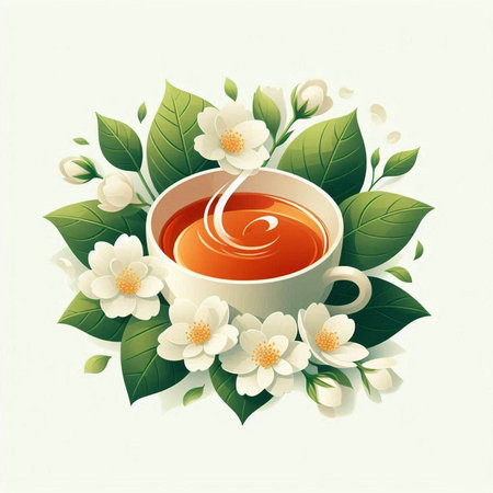 Cup of tea and jasmine flowers. Vector illustration.のイラスト素材