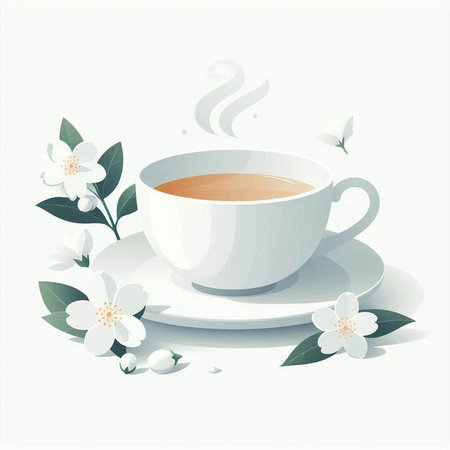 Cup of tea with jasmine flowers. Vector illustration.のイラスト素材