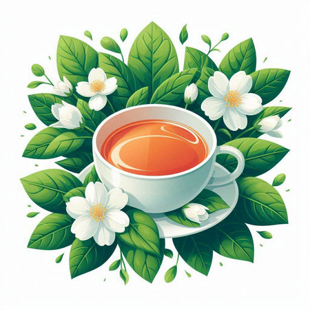 Cup of tea with jasmine flowers. Vector illustration.のイラスト素材