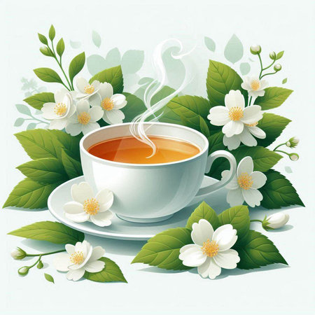Cup of tea with jasmine flowers. Vector illustration.のイラスト素材