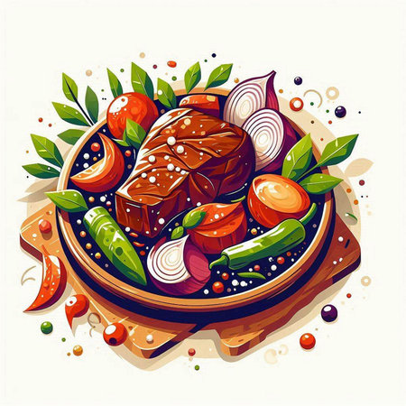 Steak with vegetables and spices on a plate. Vector illustration.のイラスト素材
