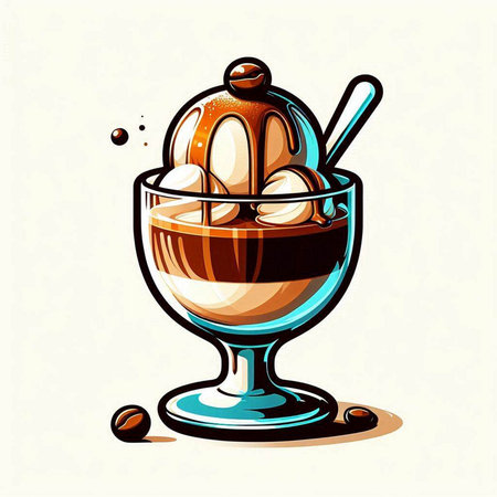 Vector illustration of ice cream in a glass cup with spoon and coffee beans.のイラスト素材