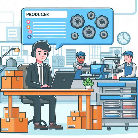 Flat design vector illustration of a man working at the computer in the office.のイラスト素材
