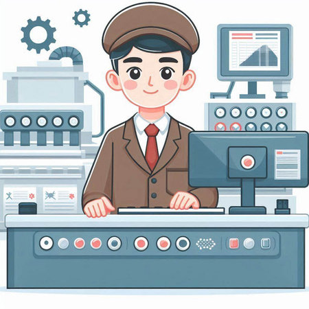 A man working on a computer in a factory. Vector illustration.のイラスト素材