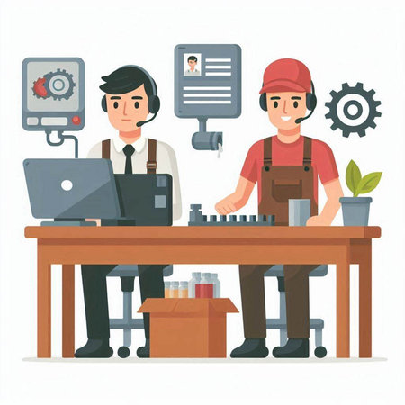 Courier and customer service worker. Vector illustration in flat styleのイラスト素材