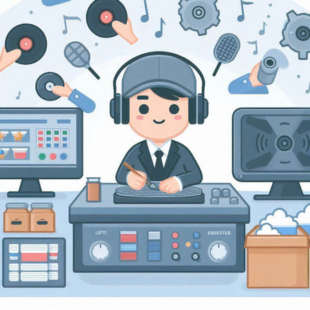 DJ playing music on turntable in front of computer. Vector illustration.のイラスト素材