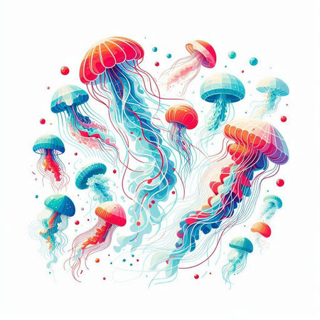 Colorful jellyfish set isolated on white background. Vector illustration.のイラスト素材