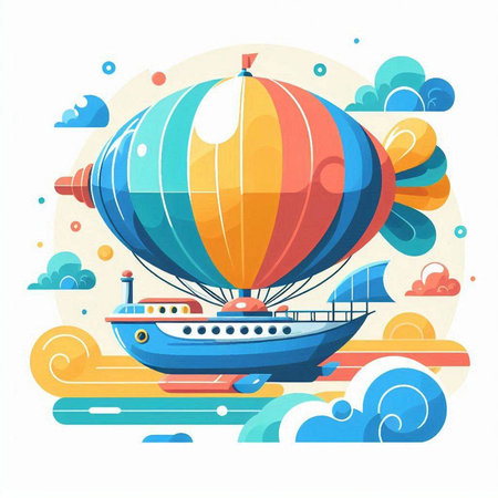 Vector illustration of hot air balloon in the sky with clouds and ship.のイラスト素材