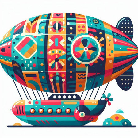 Vector illustration of colorful cartoon airship with colorful pattern on it.のイラスト素材