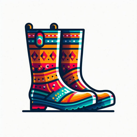 Hand drawn vector illustration or drawing of a pair of colorful rubber bootsのイラスト素材