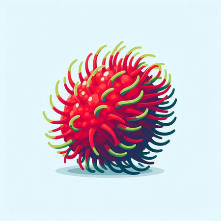 Red virus on a blue background. Vector illustration in cartoon style.のイラスト素材