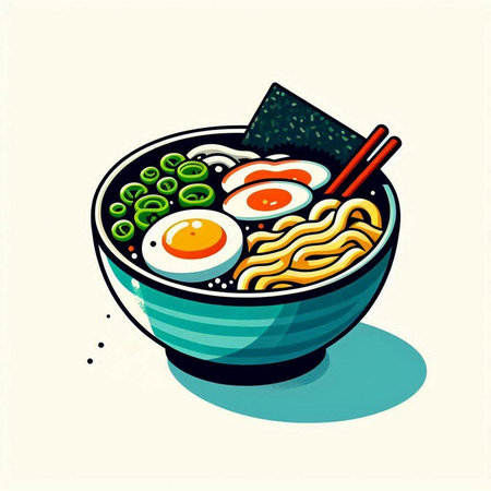 japanese noodle soup with egg in bowl, vector illustrationのイラスト素材