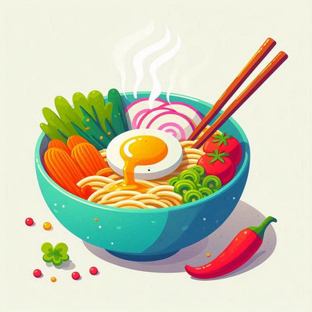 Japanese ramen noodle bowl with chopsticks and ingredients. Vector illustration.のイラスト素材