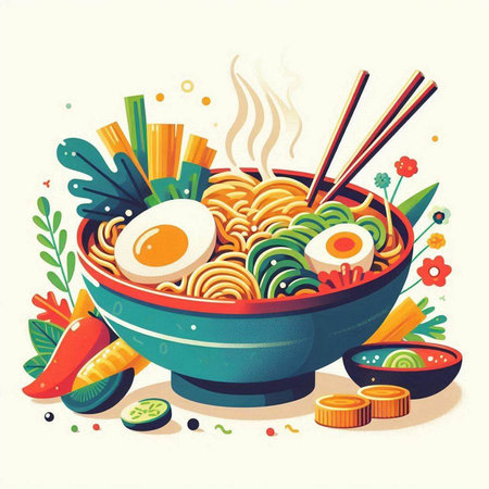Bowl of ramen noodles with vegetables and egg. Vector illustration.のイラスト素材