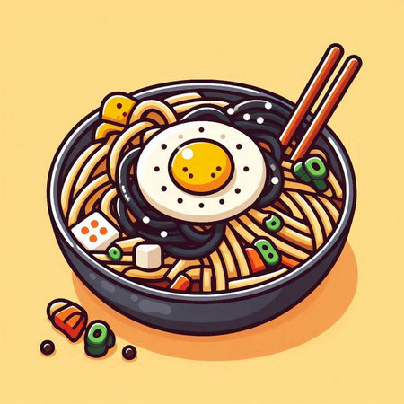 Noodles with egg and vegetables in bowl. Vector illustration.のイラスト素材