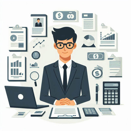 Businessman sitting at desk in office. Vector illustration in flat styleのイラスト素材