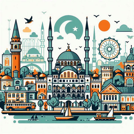 Cityscape of Istanbul, Turkey. Vector illustration in retro style.のイラスト素材