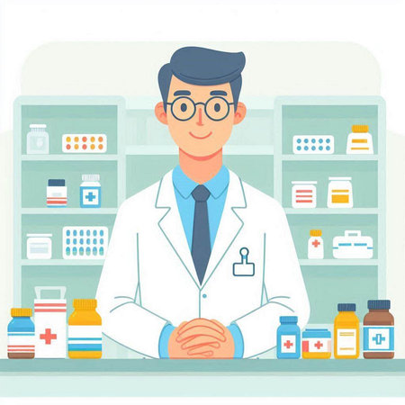 Male pharmacist in a drugstore. Vector illustration in flat styleのイラスト素材