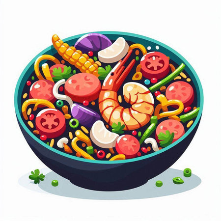 Salad with seafood and vegetables in a bowl. Vector illustration.のイラスト素材