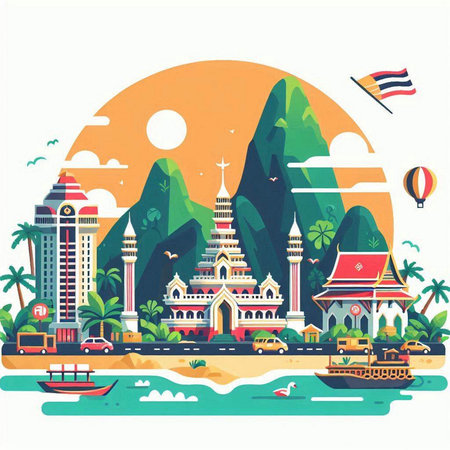 Thailand Landmark Travel and Tourism Concept. Vector Illustration.のイラスト素材