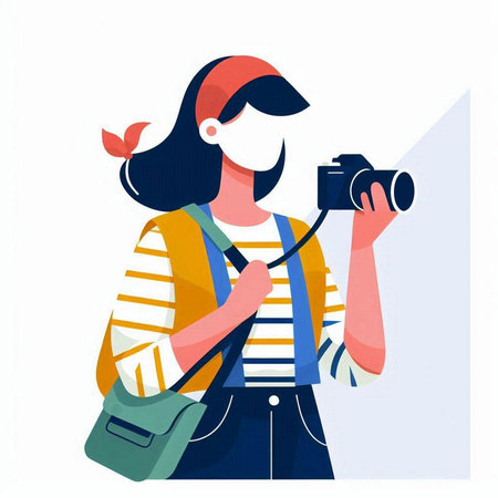 Young woman with camera in hands. Vector illustration in flat style.のイラスト素材