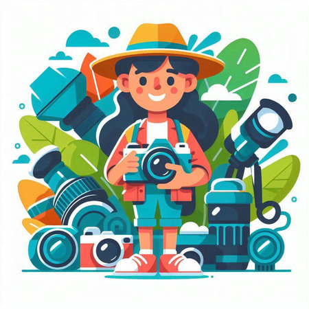 Girl tourist with camera and binoculars. Vector illustration in flat styleのイラスト素材