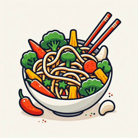 Noodles in a bowl with chopsticks and vegetables. Vector illustration.のイラスト素材