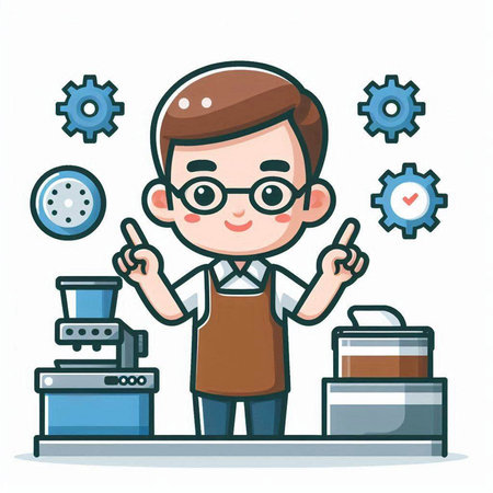 Cute boy in apron working with equipment. Vector illustration.のイラスト素材