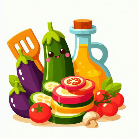 Vegetables vector illustration. Cute cartoon character of eggplant, tomato, cucumber, zucchini, pepper, garlic, olive oil, spices.のイラスト素材