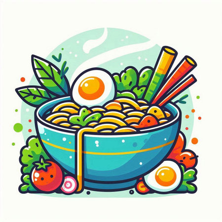 Bowl of noodle soup with egg and vegetables. Vector illustration.のイラスト素材