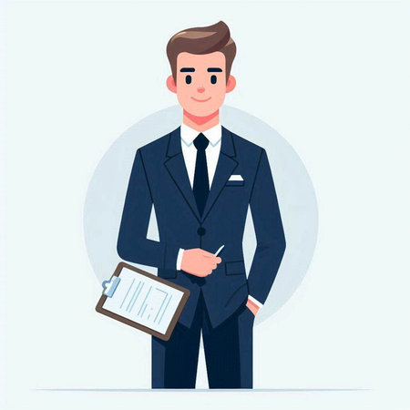 Businessman with clipboard. Vector illustration in a flat style. Man in a suit.のイラスト素材