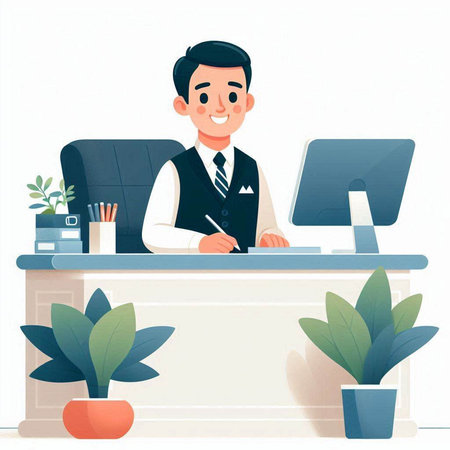 Businessman sitting at the desk in office. Cartoon vector illustration.のイラスト素材