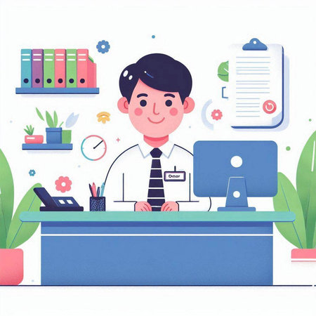 Illustration of a receptionist working at a desk in the officeのイラスト素材