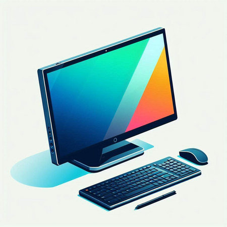 Desktop computer with keyboard and mouse on white background. Vector illustration.のイラスト素材