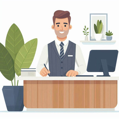 Businessman working at office desk. Vector illustration in cartoon style.のイラスト素材