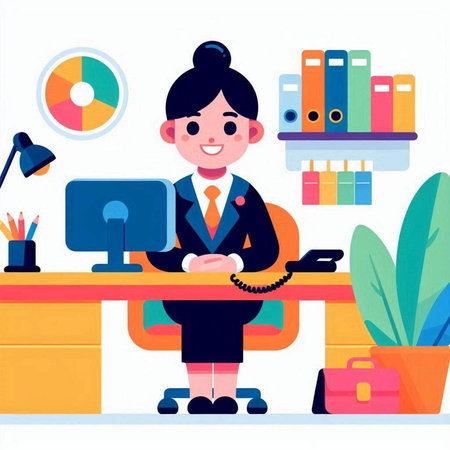 Businesswoman working in office. Vector illustration in flat cartoon style.のイラスト素材
