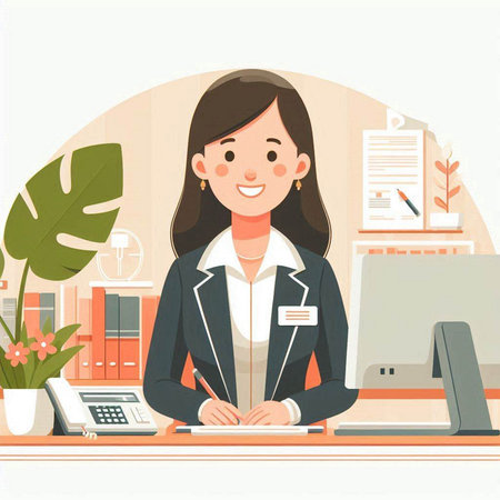 Business woman working at office desk. Vector illustration in flat style.のイラスト素材