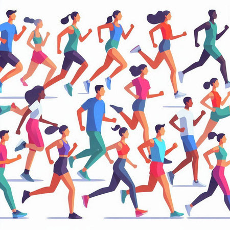 Vector illustration of a group of people running in a flat style.のイラスト素材