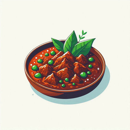 illustration of a bowl of beef stew with green peas and parsleyのイラスト素材