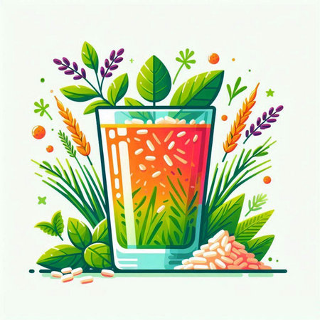 Vector illustration of a glass of fresh smoothie with vitamins and herbs.のイラスト素材