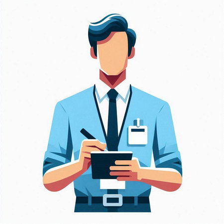Vector illustration of a man in a blue shirt with a clipboard and a pen in his hands.のイラスト素材