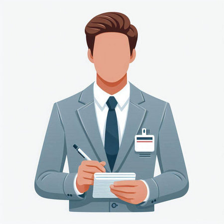 Businessman with clipboard and pen in hand. Vector illustration in flat styleのイラスト素材