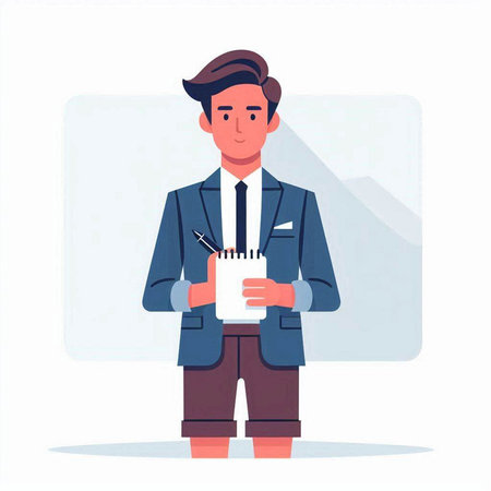 Young man with notebook and pen. Vector illustration in a flat styleのイラスト素材