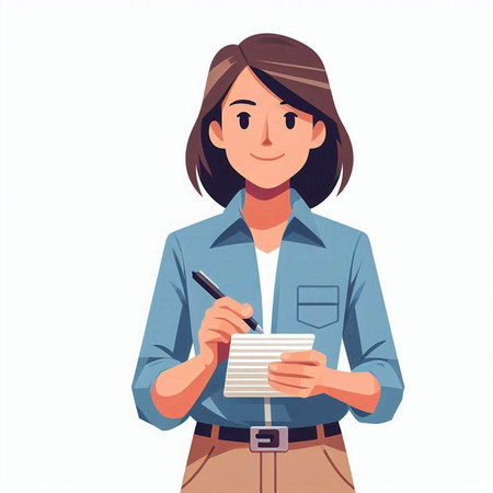 Vector illustration of a young woman holding a pen and a notebook.のイラスト素材